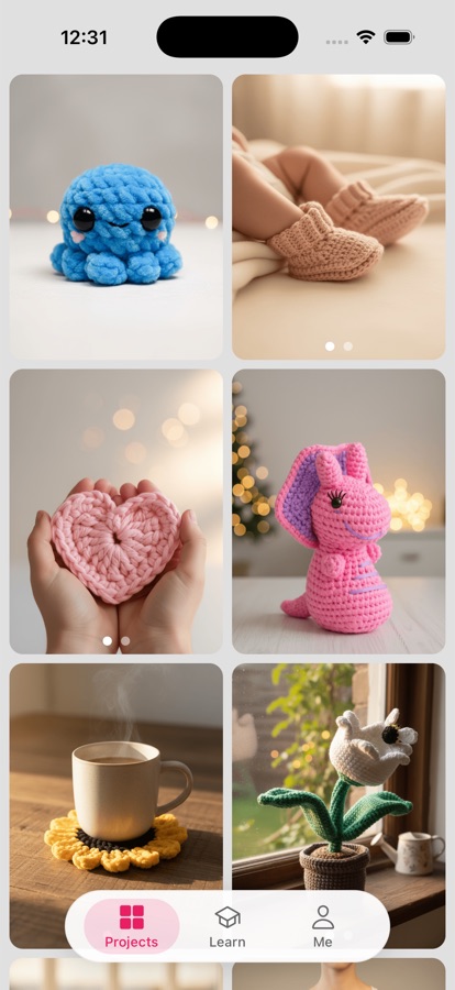 The Loopy app showing a grid of crochet projects: an octopus, baby booties, a heart, a bunny, a flower coaster and a potted tulip.